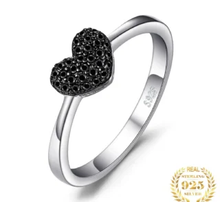 925 Silver Heart Ring Black Spinel