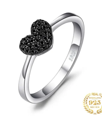 925 Silver Heart Ring Black Spinel