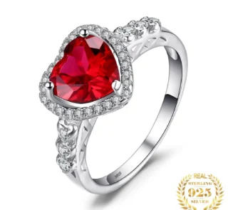 Stunning Heart Love Red Ruby 925 Sterling Silver Engagement Ring