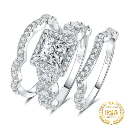 Elegant 3-Piece 925 Sterling Silver Ring Set for Women