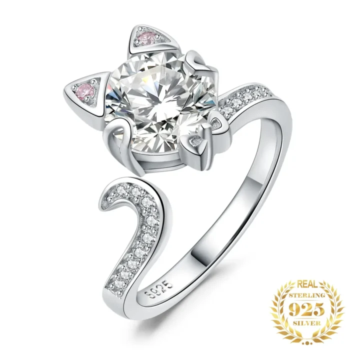 Love Cat Gemstone Silver Adjustable Ring for Women & Girls