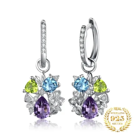 Stunning Natural Amethyst & Blue Topaz Flower Drop Earrings