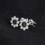 Black Spinel Flower Stud Earrings in 925 Sterling Silver - Image 2
