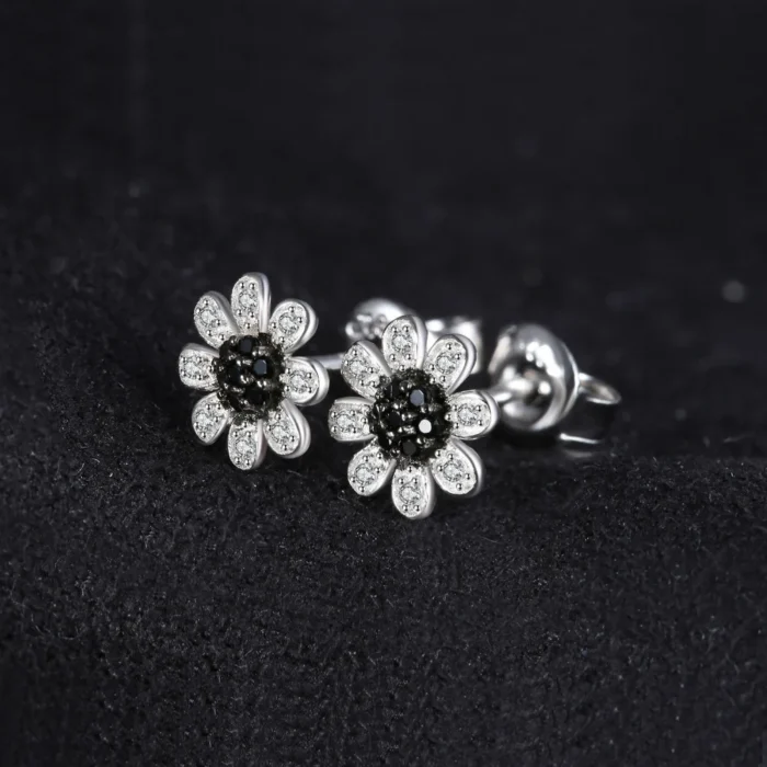 Black Spinel Flower Stud Earrings in 925 Sterling Silver - Image 2