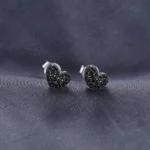 Love Heart Black Spinel 925 Silver Stud Earrings - Image 3