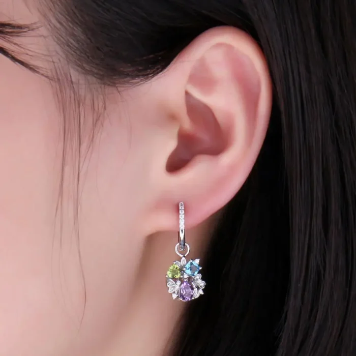 Stunning Natural Amethyst & Blue Topaz Flower Drop Earrings - Image 4
