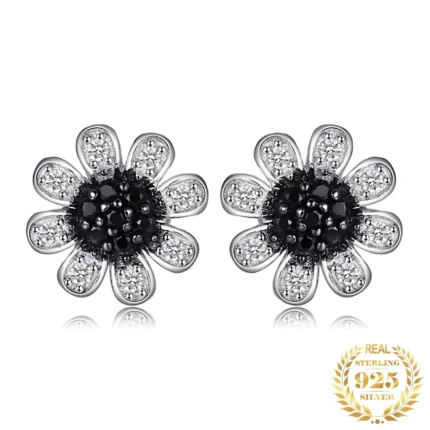 Black Spinel Flower Stud Earrings in 925 Sterling Silver