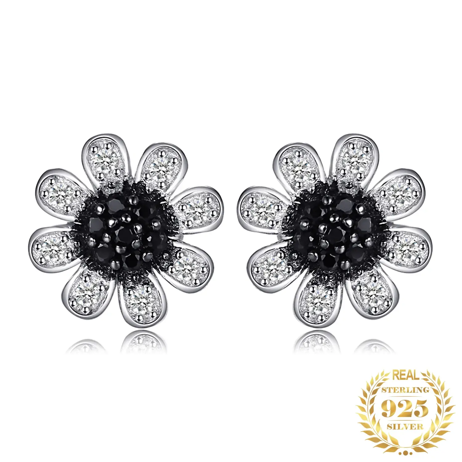kf-S360920e00b594cb7aea65ee2434aed7eS Black Spinel Flower Stud Earrings in 925 Sterling Silver