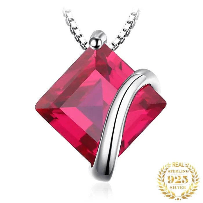Square Red Ruby Sterling Silver Pendant
