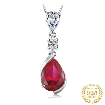 Pear Red Ruby Sterling Silver Pendant Necklace
