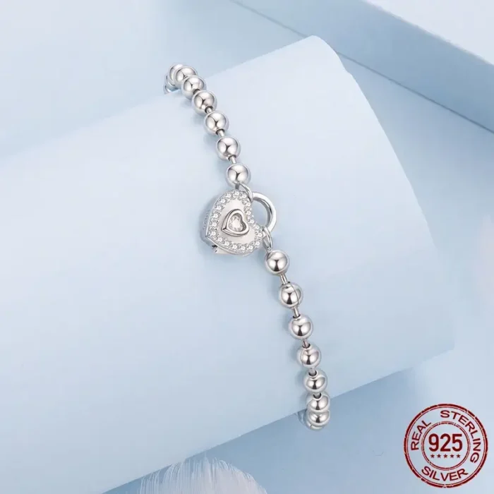 Round Bead Link Heart Charm Bracelet 925 Sterling - Image 2