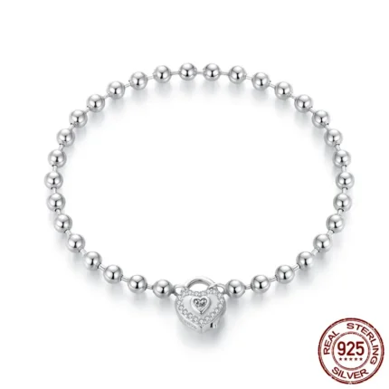 Round Bead Link Heart Charm Bracelet 925 Sterling