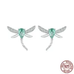 925 Sterling Silver Dragonfly Stud Earrings Green Zircon