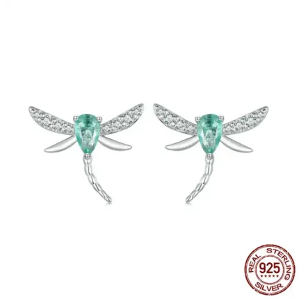925 Sterling Silver Dragonfly Stud Earrings Green Zircon