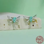 925 Sterling Silver Dragonfly Stud Earrings Green Zircon - Image 2