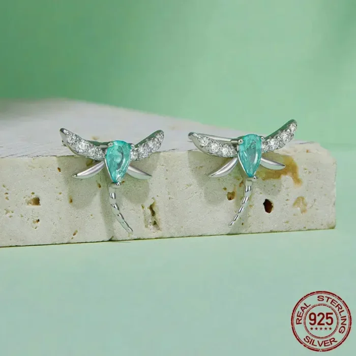 925 Sterling Silver Dragonfly Stud Earrings Green Zircon - Image 2