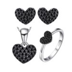 Elegant Black Spinel Heart Jewelry Set Ring Pendant & Earrings in 925 Silver
