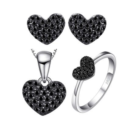 Elegant Black Spinel Heart Jewelry Set Ring Pendant & Earrings in 925 Silver
